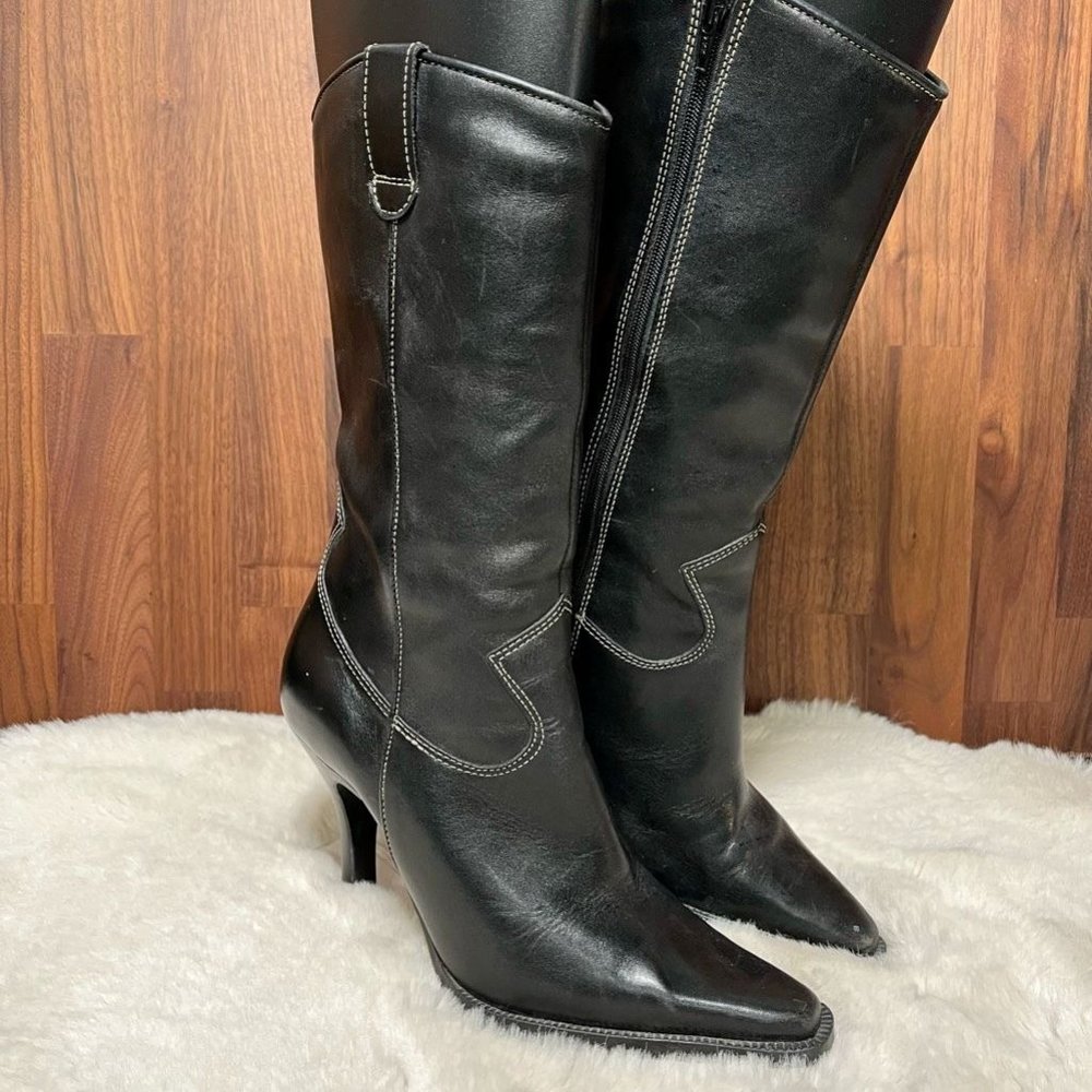 Chinese Laundry Womens Western Cowboy Boots Black Leather Knee High Zip 7 M